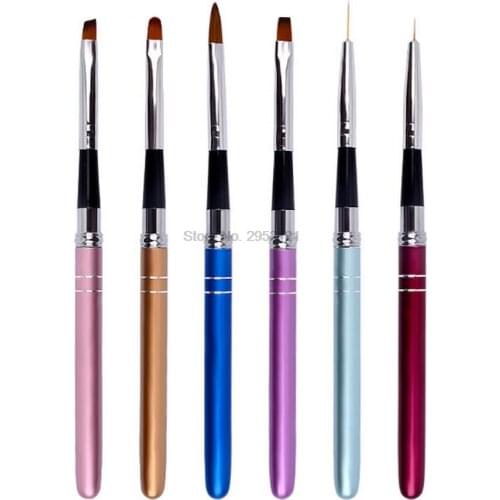 By dhl or ems 200pcs Nail Art Brush Metal Handle Drawing UV Gel Polish 6 Style 3d Painting Pen Liner Flat Nails Tips Brushes new
