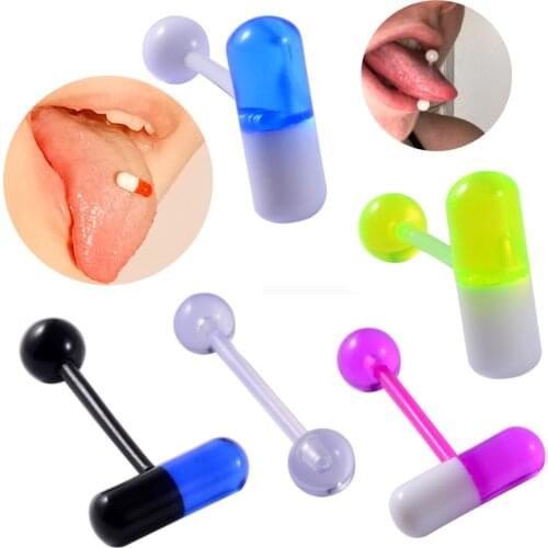 5PCS Acrylic capsule Tongue Barbell Ring Pill Tongue Ring Piercing Transparent Acrylic Ball Basic Tongue Ring Jewelry 14G