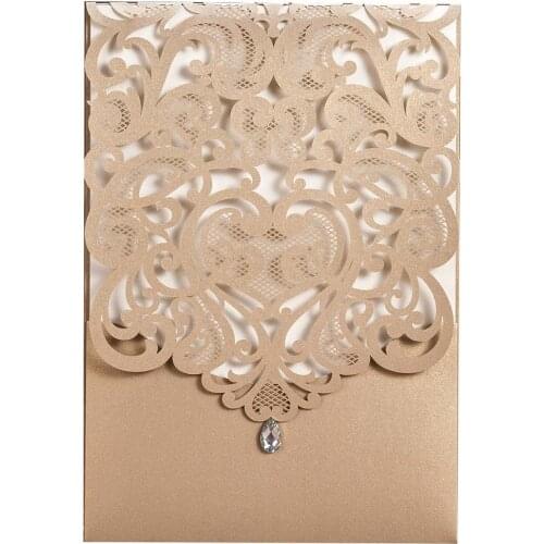 50Pcs Gold & White Laser Cut Heart Design Wedding Invites, Printable Rhinestone Birthday Invitations Card Stock Party Favors