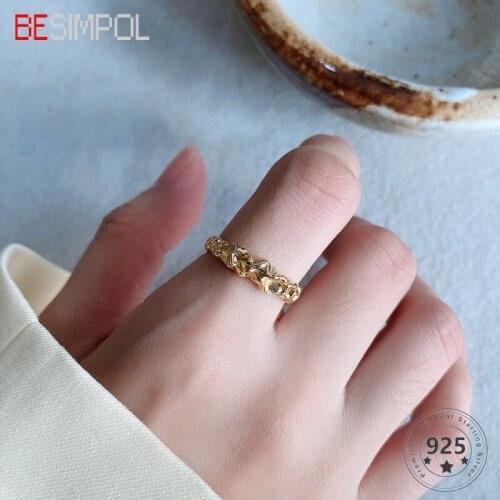 Besimpol 100% Real 925 Sterling Silver Rings Simple Irregular Concave-Convex Tin Foil Open Ring For Women Fashion Fine Jewelry