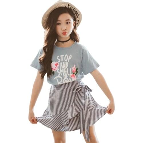 Kids Clothes Girls Rose Tshirt + Skirt Girl Clothes Striped Girls Summer Clothes Floral Kids Tracksuit 6 8 10 12 14
