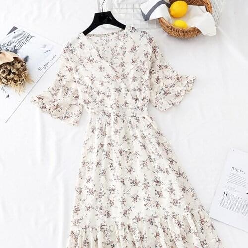 Vintage Dresses Red Hot Woman Fashion Korean Style Design Slim A Line Temperament Lady Chiffon Floral Print Dress Long