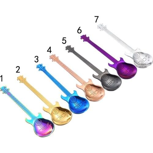 Guitar Coffee Dessert Scoop Stir Spoon 304 Stainless Steel Rainbow Color Tableware Music Bar Party Favor 7 pcs/lot DEC414