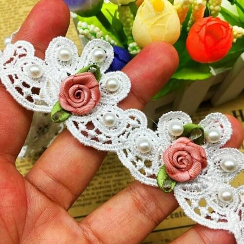 GXINUG 10X Soluble White Pearl Rose Flower Embroidered Lace Trim Ribbon Fabric Sewing Craft For Costume Wedding Dress Decoration