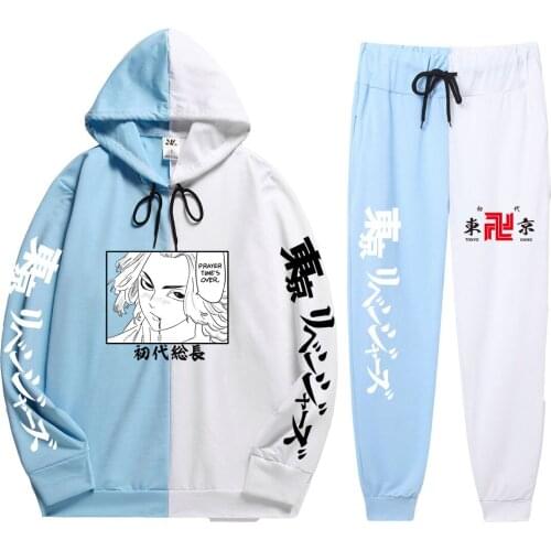 Men Summer 2 Pieces Sets Anime Tokyo Revengers Print hoodies sets Loose Simplicity Patchwork Thin Hoodie+Patchwork Pants