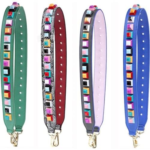 Square Rivet Snakeskin Black Blue Pink Bag Strap High Quality Leather Shoulder Strap Female Bag Handles Strap Multicolor Rivet