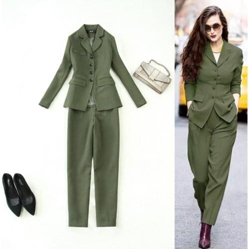 Large size womens 2020 autumn and winter new army green slim mid-length suit + harem pants trousers suit women outfits