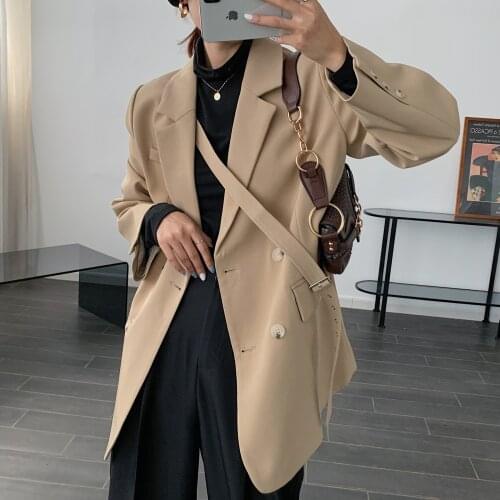 2021 Spring Autumn New Korean Loose Casual Khaki Blazer Women Single-breasted Notched Collar Long Sleeve Office Lady Suit Jacket