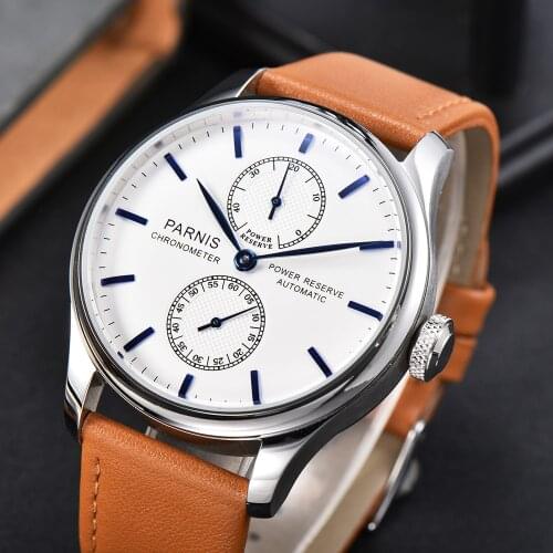 New Arrival 43mm Parnis White Dial Power Reserve Blue Marks ST Automatic Movement Mens Watch With Box Gift Top Luxury Brand 2021