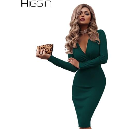 Autumn Women Sexy Dress Crossover Deep V-Neck Long Sleeve Solid Bodycon Mid Dresses Lady Package Hip Dress For Party Club New