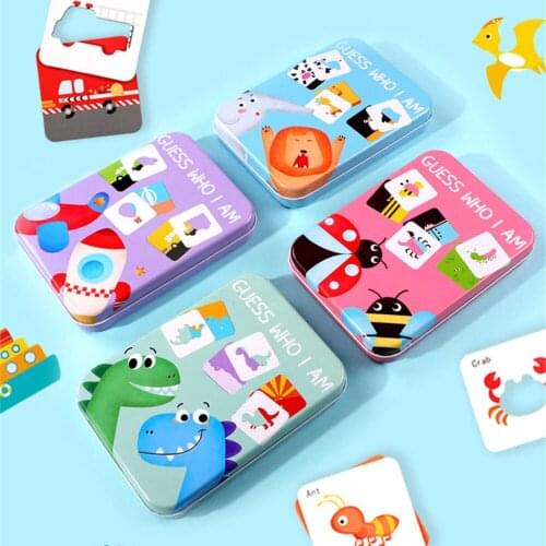 Baby Wooden Pattern Animal Jigsaw Matching Puzzle Cognitive Traffic Fruit Car Learning English Toys For Children With Iron Box