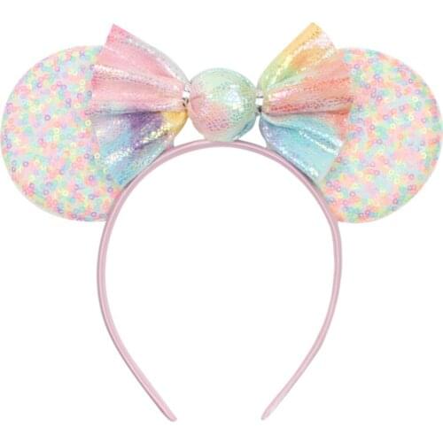 20 Pcs/Lot, 2021 New Candy Sequin Mouse Ears Hairband For Women Girls Macaron Sequin Bow Ears Headband Kids Birthday Party Hair