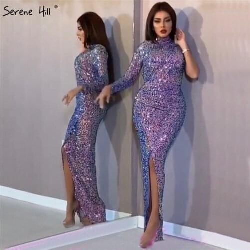 Dubai Luxury Purple Sequined Sexy Prom Dresses 2020 One Shoulder Long Sleeves Dress Prom Gowns Serene Hill BLA70306