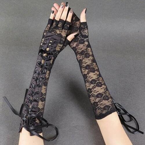Sexy Lace Gloves Womans Thin Long Hollow Elasticity Nightclub Punk Half Finger Temptation Ribbon Rivet Cceremonial Mittens M53