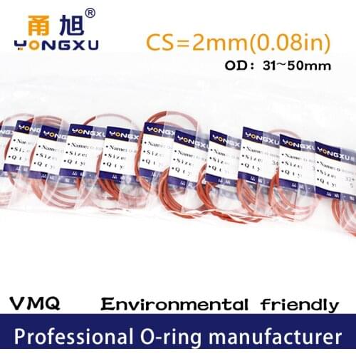 5PCS VMQ O Ring Seal Gasket Thickness CS2mmOD31/32/33/34/35/36/38/40/42/45/46/50*2 Silicone Rubber Waterproof Washer Nontoxi Red