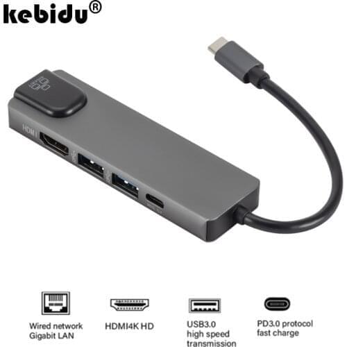 5 in 1 USB C Hub to HDMI-compatible Gigabit Ethernet Rj45 Adapter for Macbook Pro iPad Pro 11 12.9 2018 Thunderbolt 3 Type c Hub