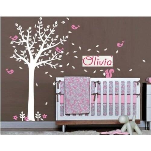 Personalised Name Birds squirrel Tree Branches Vinyl Wall Stickers Baby Wall Decals Nursery Wall Stickers For Kids Room D657
