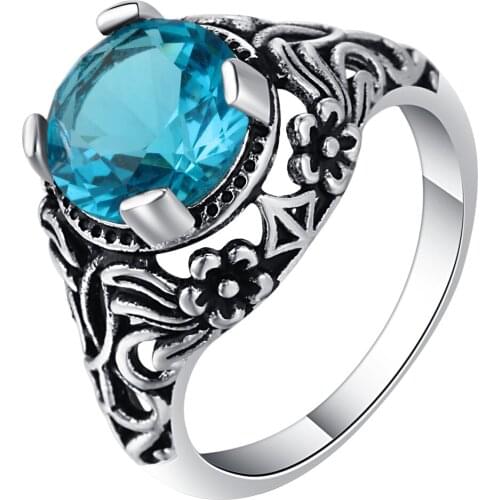 Vintage finger ring sky blue ancient silver flower pattern elegant jewelry cocktail ring birthday party gift drop shipping