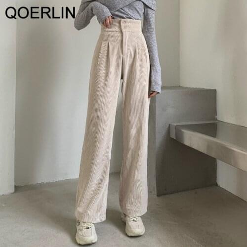 QOERLIN Stylish Corduroy Pants Loose Wide Leg Straight Pants Women High Waist Double Buttons Casual Spring Summer Trouser Plus