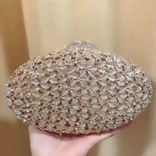 XIYUAN Women Gold Color Rhinestone Evening Bags and Clutches Hard Case Floral Wedding Bag Purses Party Cocktail Diamond Handbags