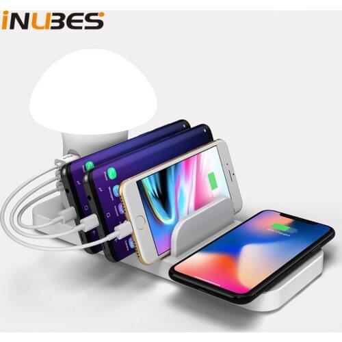 QC3.0 3 Ports USB Fast Charger Wireless Charger For iPhone Samsung USB Charging Dock Station For Xiaomi LED Mushroom Table Lamp