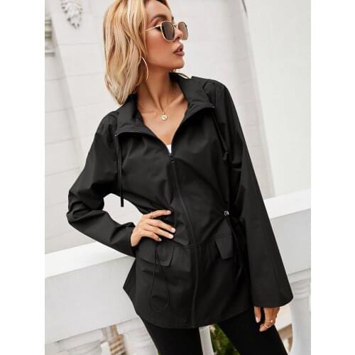 Womens V-neck long-sleeved waterproof fabric pure color zipper casual windbreaker with drawstring pockets