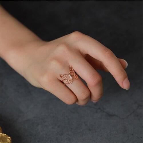 Starry Bling Carving White Rhinestone Hollow Butterfly Animal Silver Plated Golden Alloy Open Rings for Women