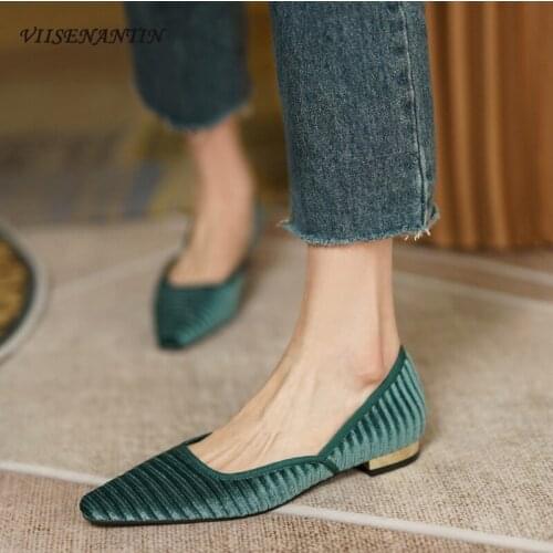 2021 spring and summer French retro dark green striped square toe elegant flat bottom shallow mouth single shoes women