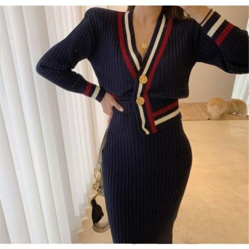 High Quality 2020 Autumn Winter Two Piece Set Women Hit Color Knit V-Neck Cardigan Sweater + High waist Long Skirt Women Outfits