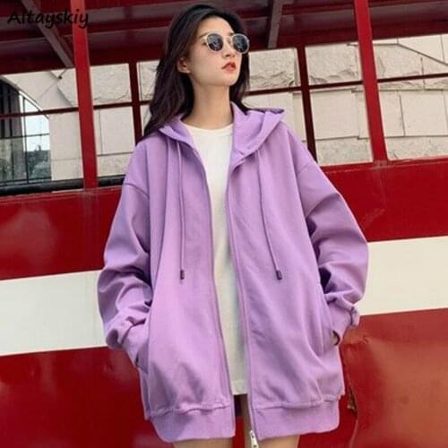 With Hat Sweatshirts Women Loose All Match Simple Zip-up Simple Thicker College Casual Solid Hoodies Various Colors Lovely Chic
