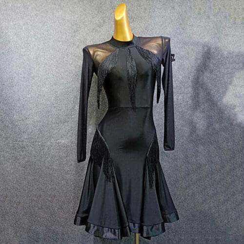 2020 New Long Sleeve Black Tassel Design Latin Dance Dress Dancing Performance Women Dress Ballroom Samba Tango W404