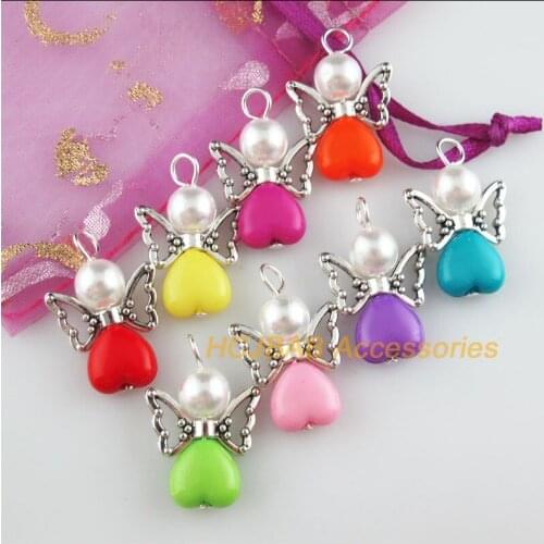 16 New Angel Charms Tibetan Silver Tone Mixed Solid Acrylic Heart Pendants 18x27mm
