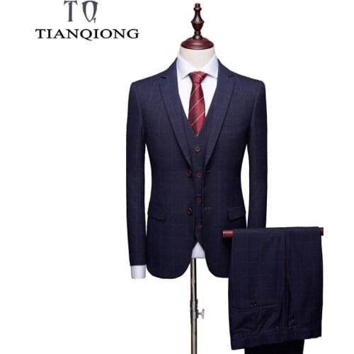 2019 Elegant Plaid Suit Men High Quality Groom Wedding Tuxedo Jacket with Pants Vest Slim Fit 3 Piece Business Wear Mens Suits