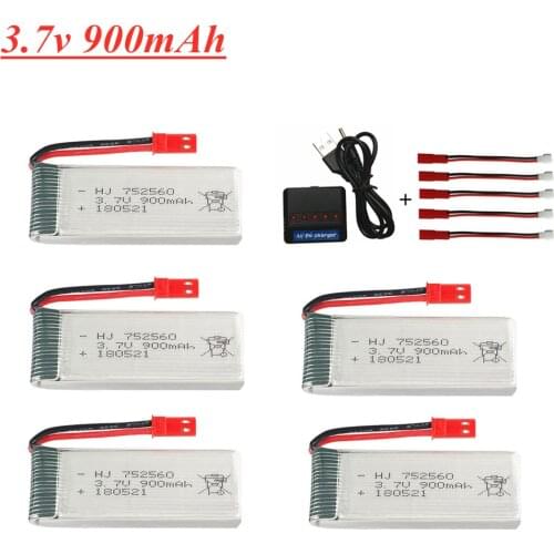 3.7V 900mAh lipo Battery +5 in 1 Charger For X5 X5C X5SC X5SW 8807 8807W A6 A6W M68 Rc Drone Spare Parts 3.7V 752560 Battery JST