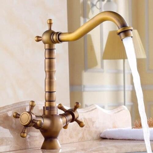 Antique Brass Dual Cross Handles Swivel Kitchen Bathroom Sink Basin Faucet Mixer Taps aan020