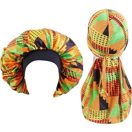 African Pattern Satin Bonnet And Durag Set Couple Unisex Headwrap Comfortable Night Sleep Cap Hair Accessories Headcover