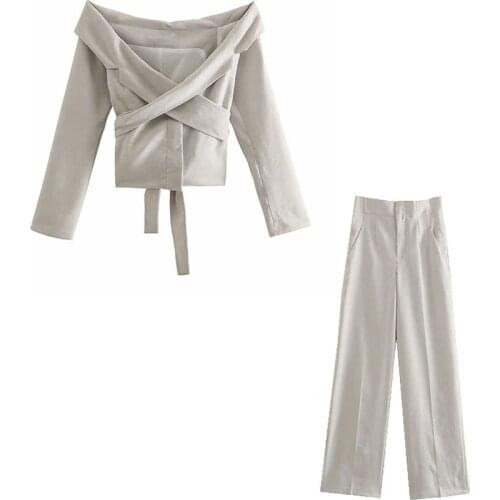 Nlzgmsj Za Pant Suits Off Shoulders Cropped Blazer Set Woman 2 Pieces Elegant Chic Summer 2021 Wide Leg Pants Sets 202106