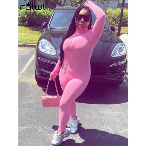 FQLWL Streetwear Summer Pink Ribbed Knitted Bodycon Jumpsuit Women Romper Long Sleeve Ladies White Black Sexy Jumpsuit Female