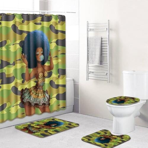 Camouflage African Girl Printed Waterproof Shower Curtain Toilet Lid Cover Bathroom Bath Mat Carpet Shower Curtain Set