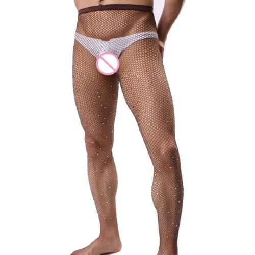 Boy Friend Rhinestone Pantyhose Mens Coffee Tights Sexy Fishnet Stockings Mens High-stretch Hot Man Transparent Net Tight