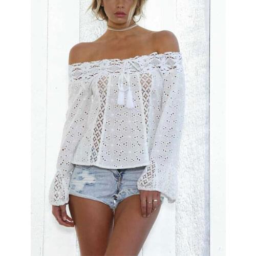 Summer White Lace Chiffon Tops Woman Sexy Off Shoulder Flare Sleeve Blouse Ladies Elegant Slim Stitching Floral Beach Shirt