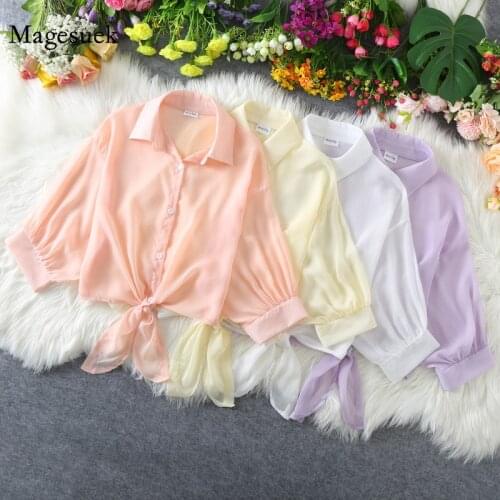 Summer Sunscreen Womens Blouse 2021 Plus Size Loose solid Chiffon Shirt Femme Tops Bow Button Casual Solid Blouse Female 13343