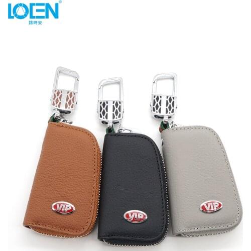 LOEN 1PC car Key Case Bag Holder coin Wallet Genuine Leather VIP logo Zipper home Organizer for Women Men black gray brown