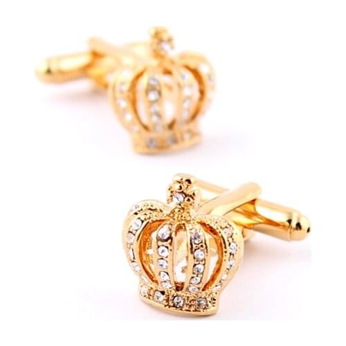 Mens Luxurious Crystal Crown Cuff Links Copper Material Golden Color