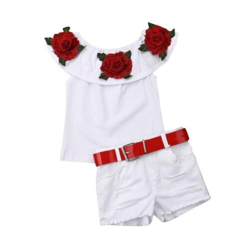 Toddler Girl Clothes Baby Girls Sleeveless Cotton Floral Shirts Belt Denim Shorts 3pcs Outfits Set