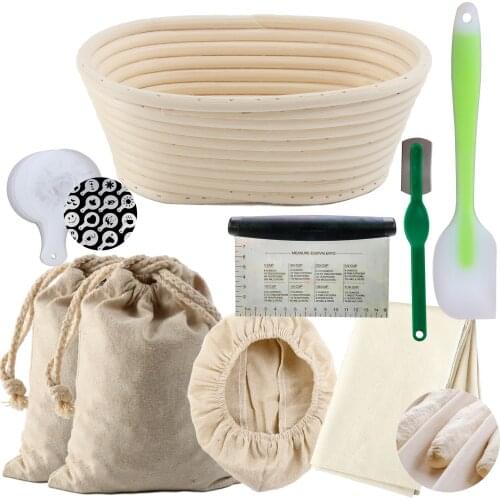 Oval 8 inch Rattan Bread Proofing Basket Kit Bannetons Bread Baking Mold Dough Scraper Proofing Cloth Storage Bag Bakeware Tool