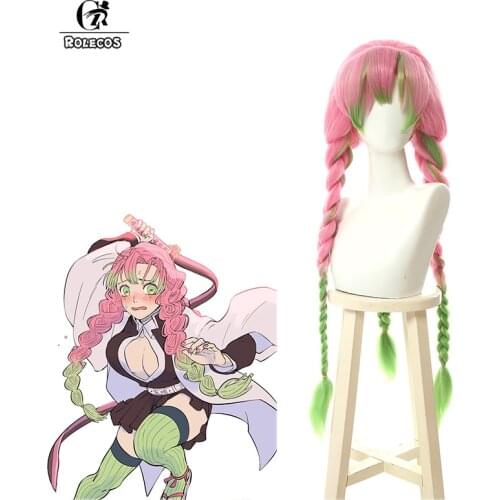 ROLECOS Anime Demon Slayer Cosplay Hair Kanroji Mitsuri Cosplay Long Hair Kimetsu no Yaiba Women Synthetic Hair Pink Green Braid