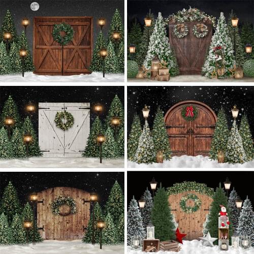 Merry Christmas Backdrop Snow Scene Xmas Trees Snowfield Background Rustic Wooden Door Child Birthday Art Portrait Photo Studio
