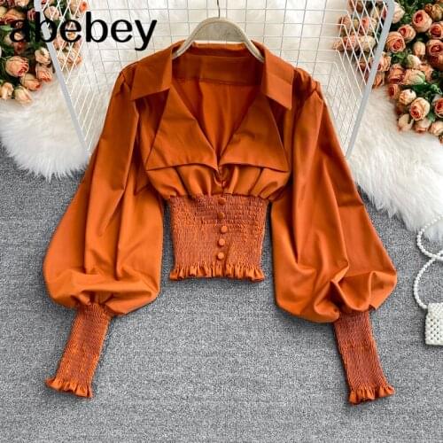 2021 New Spring Autumn French turn down collar Lantern Sleeve Shirt single breasted high waist pleated solid short Shirt Top