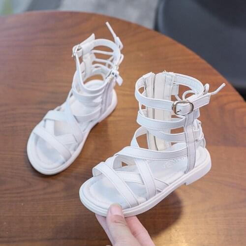 Summer Big Girls Korean Sandals Boots For Kids Children Motorcycle Gladiator Black White Princess High Tops Fashion Sandals New